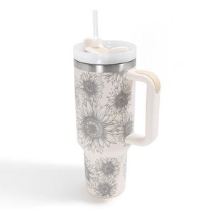 Laser Engraved Sunflower Print 40oz Double Wall Stainless Steel Vacuum Tumbler